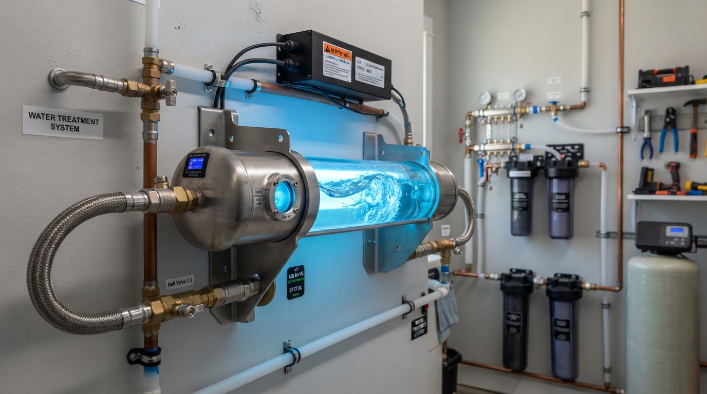 Stainless steel UV-C water sterilizer chamber with glowing blue UV light