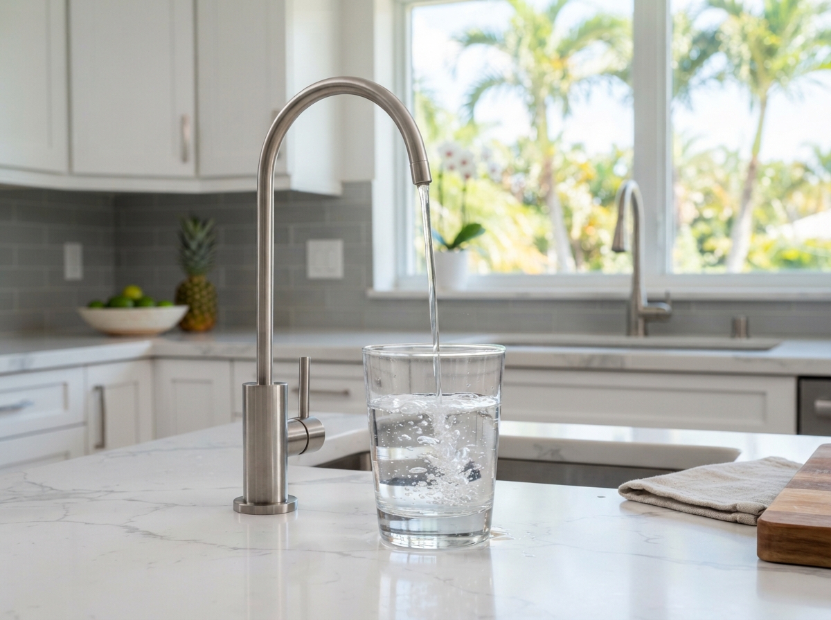 Modern reverse osmosis drinking water faucet dispensing crystal clear water