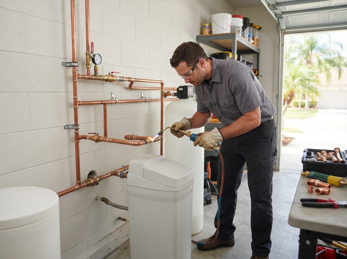 Professional water treatment system installation in Central Florida garage