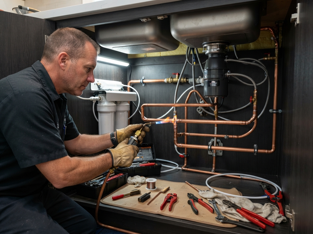 Professional plumber installing copper pipes for water filtration system