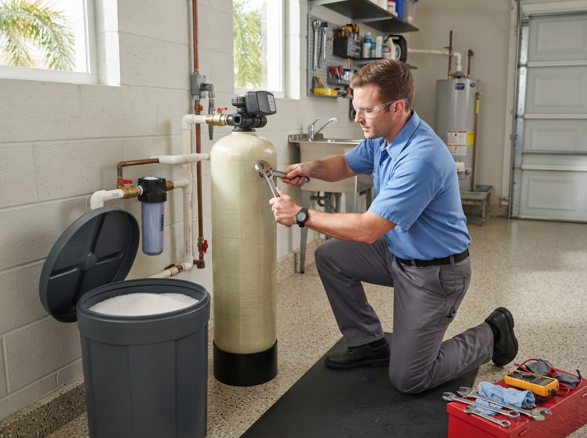 Water treatment technician performing maintenance on a water softener system in Central Florida