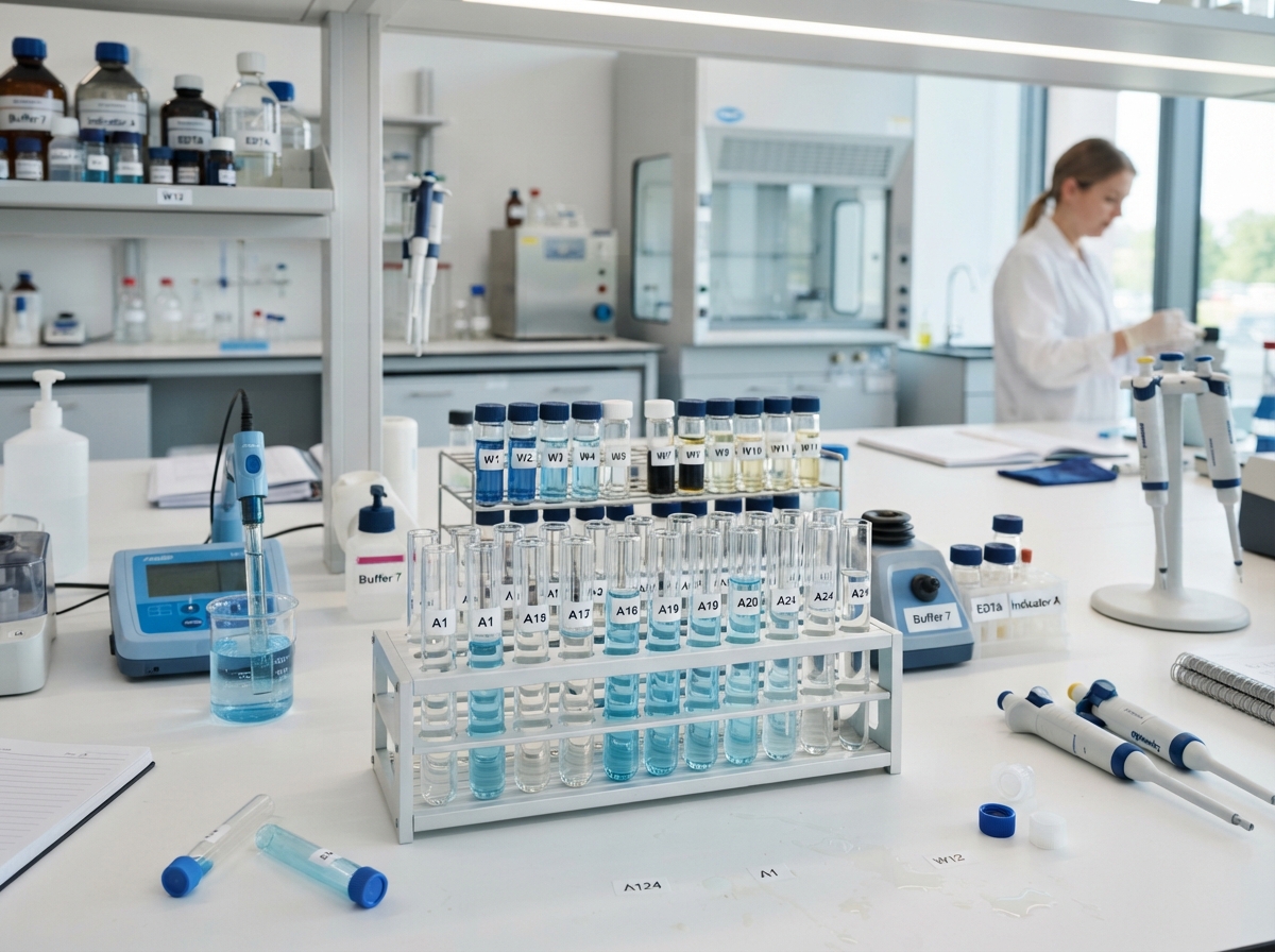 Water quality testing laboratory with samples for contaminant analysis in Florida