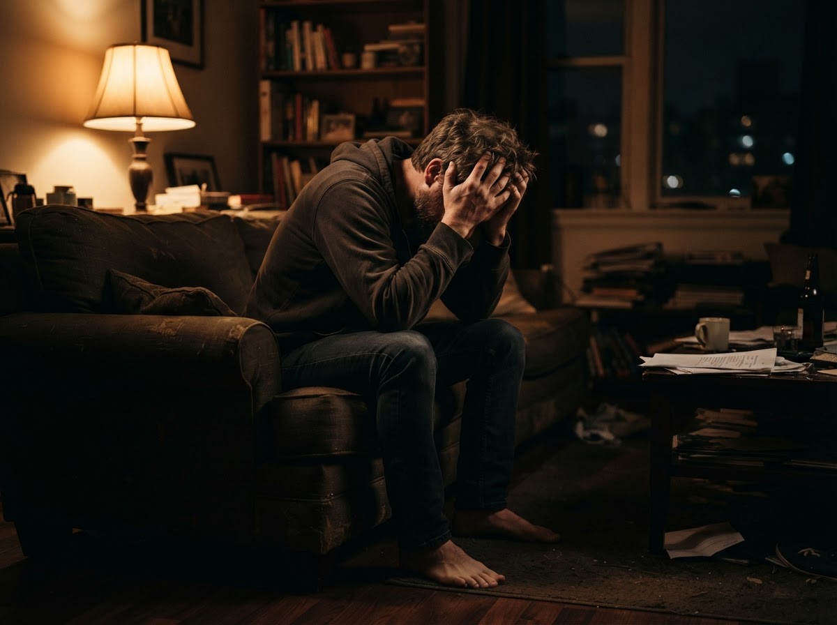 Anxious man feeling stuck and hopeless sitting on sofa