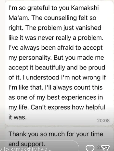 'I'm so grateful... The counselling felt so right. The problem just vanished like it was never really a problem.'
