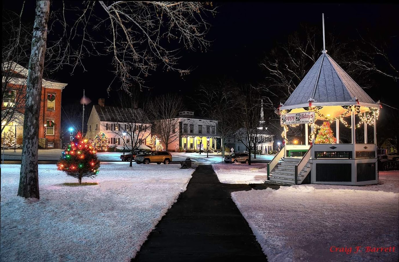 The Magic of Winter in Stars Hollow — Snowy New Milford Green, illuminated holiday gazebo, and glowing historic buildings