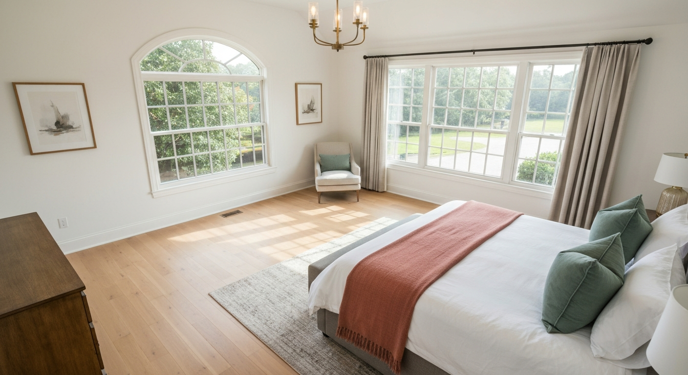 After staging, a beautifully styled primary bedroom with bed, art, and decor