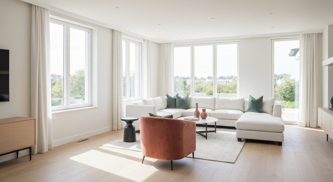 After staging, a warm and beautifully styled living room with furniture
