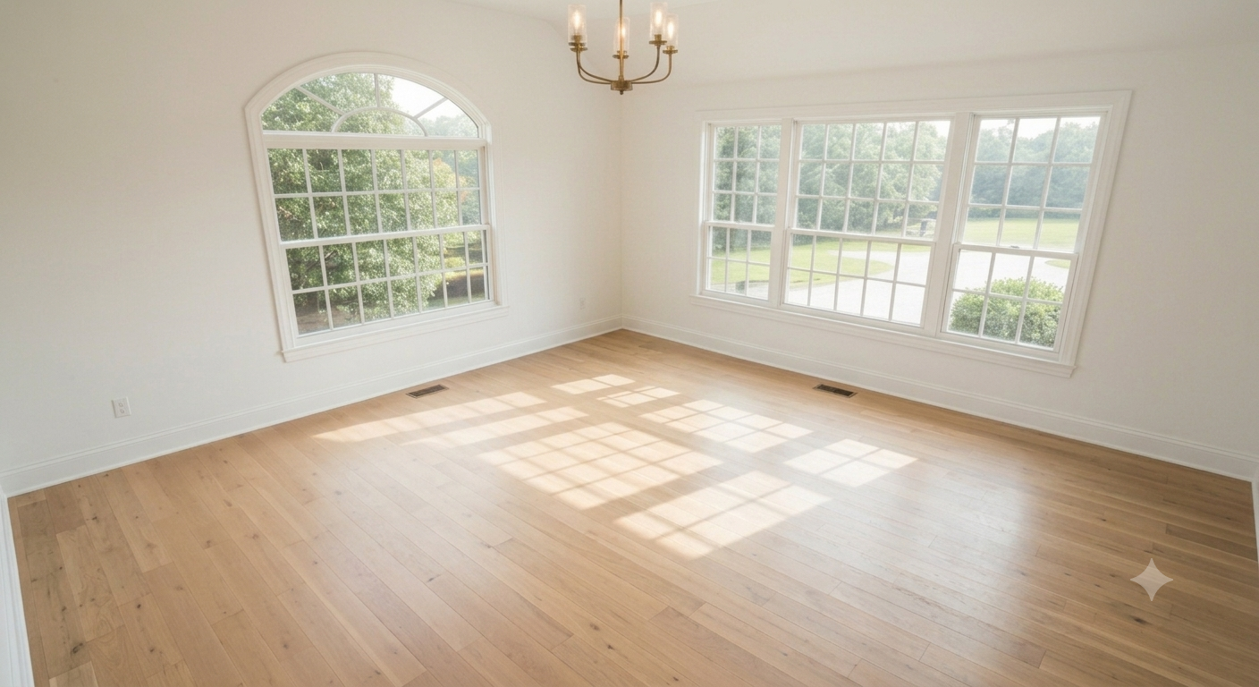 Before staging, an empty primary bedroom with bare walls