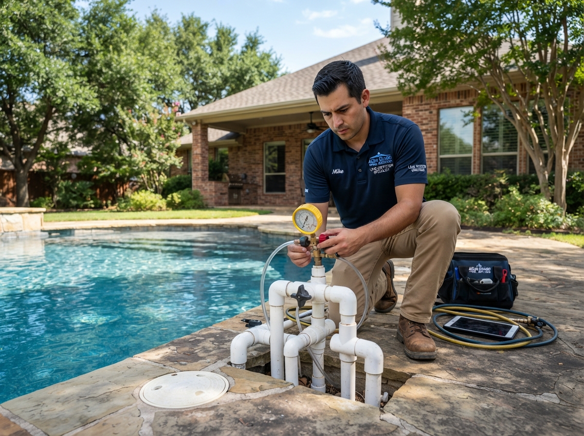 Professional pool technician performing pressure testing for pool leak detection