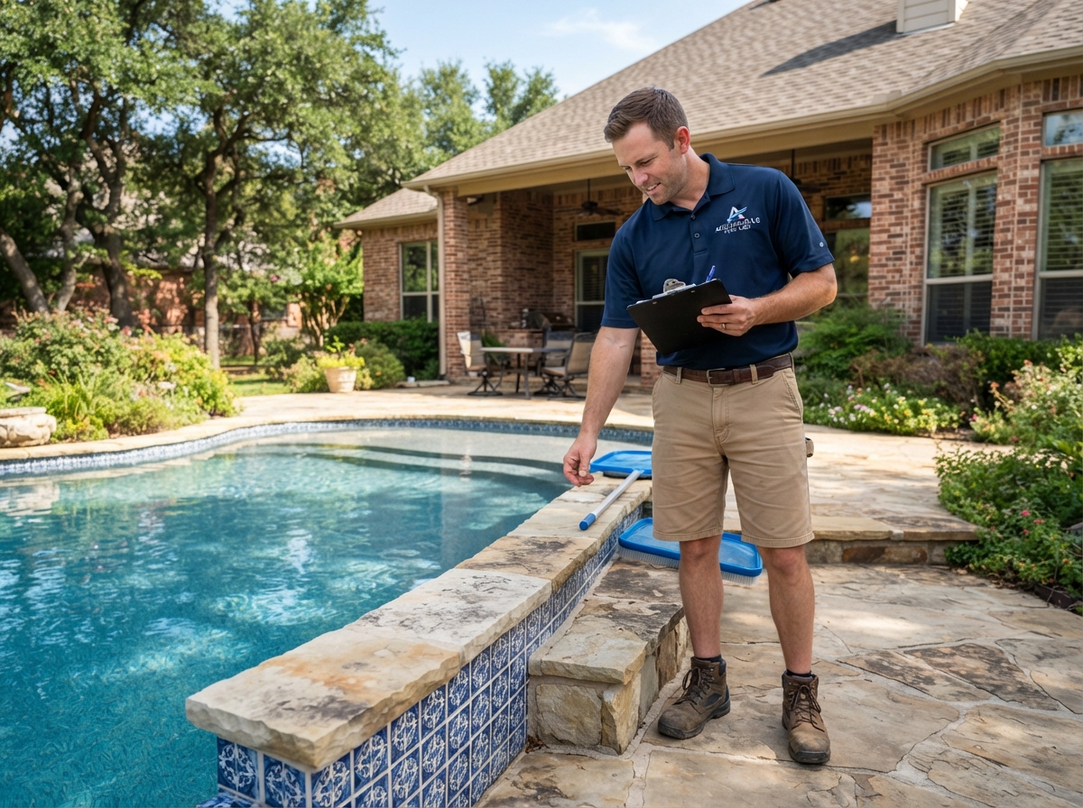 Professional pool technician inspecting stone coping and pool deck with clipboard