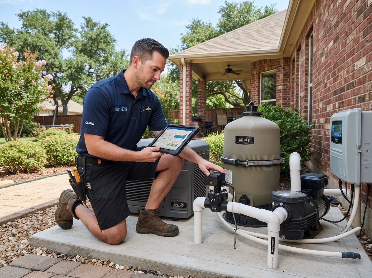 Professional pool technician inspecting equipment pad