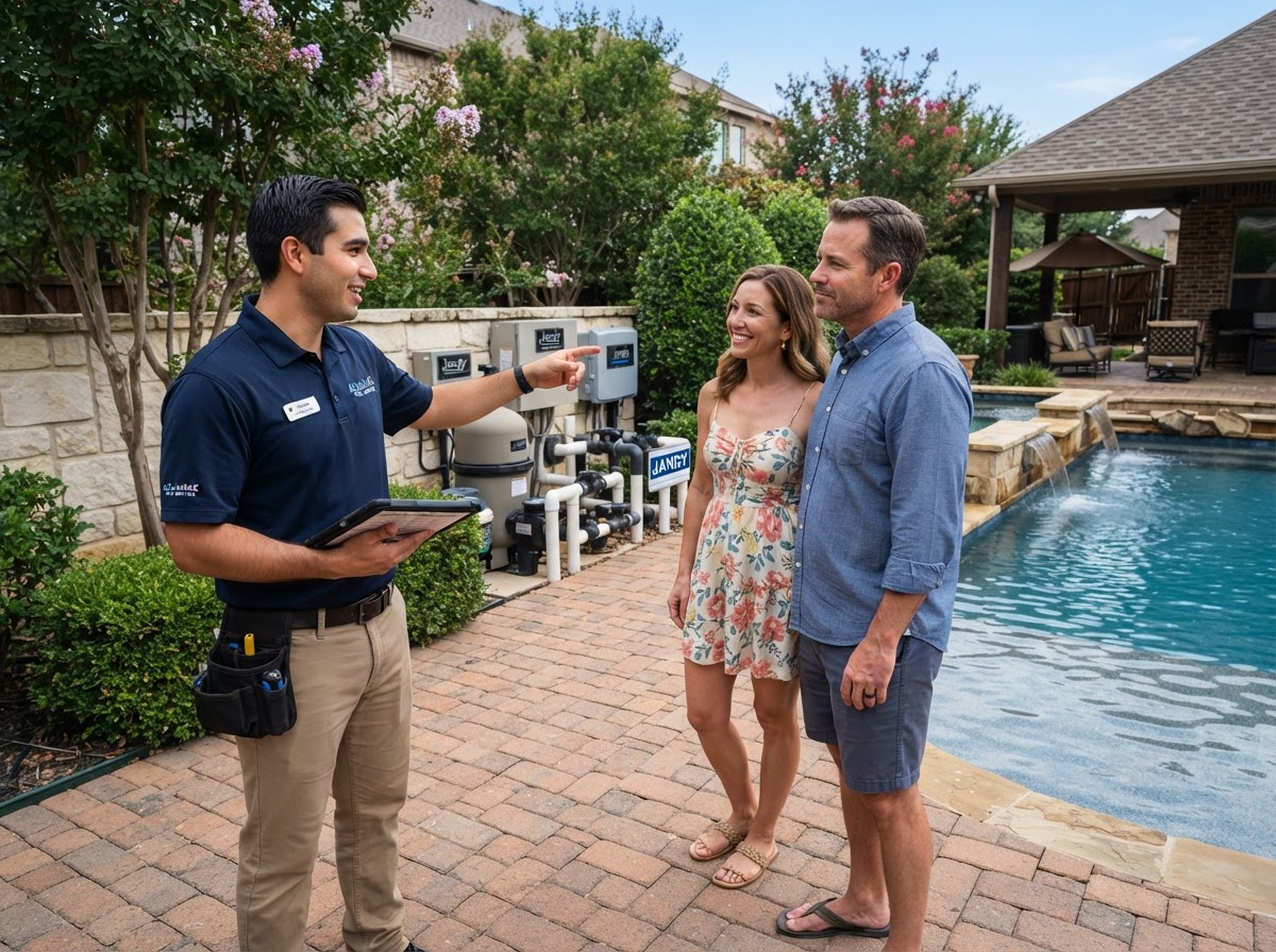 Professional pool technician explaining equipment operations to homeowners