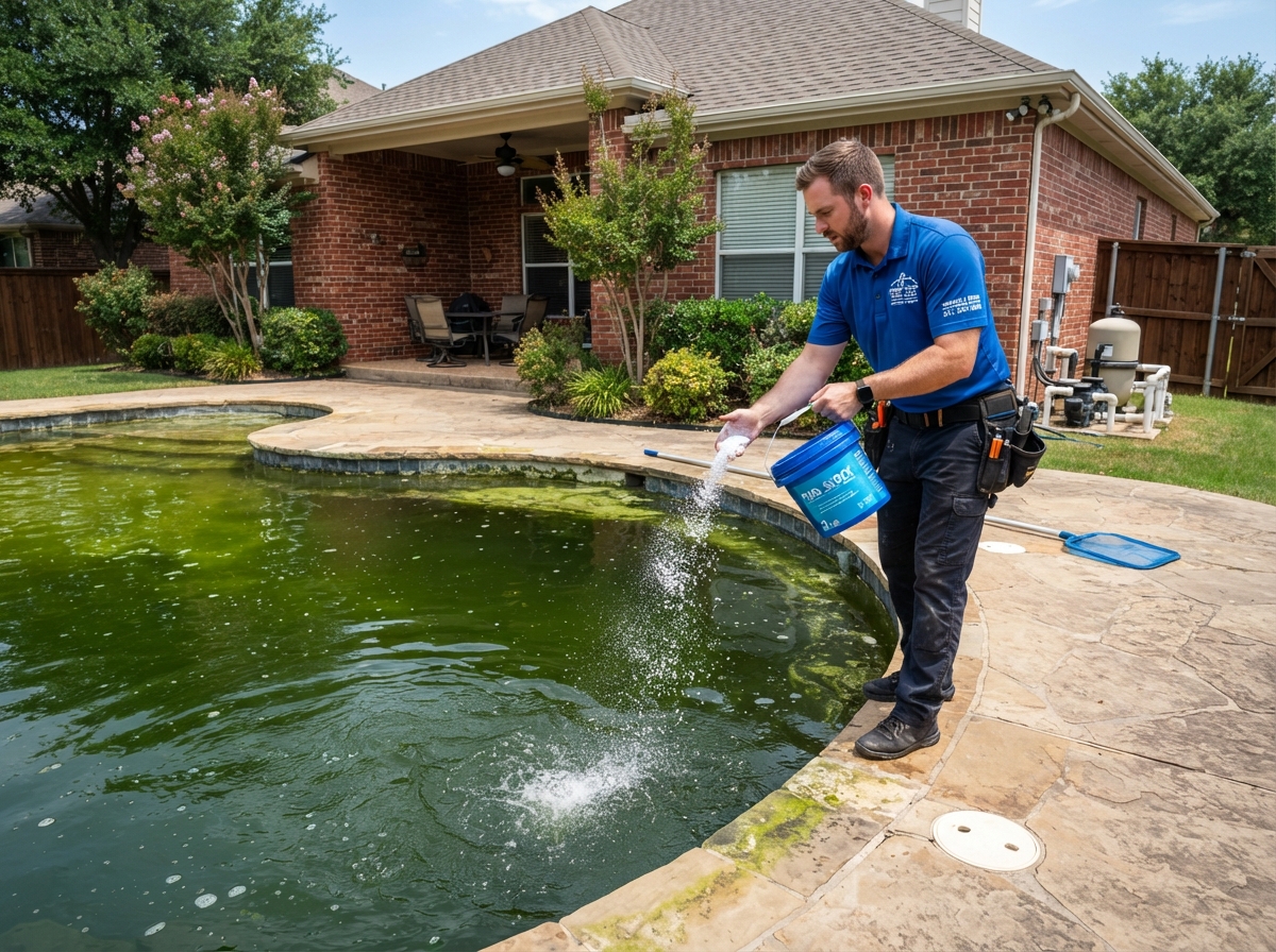 Professional pool technician treating algae bloom in a North Texas pool