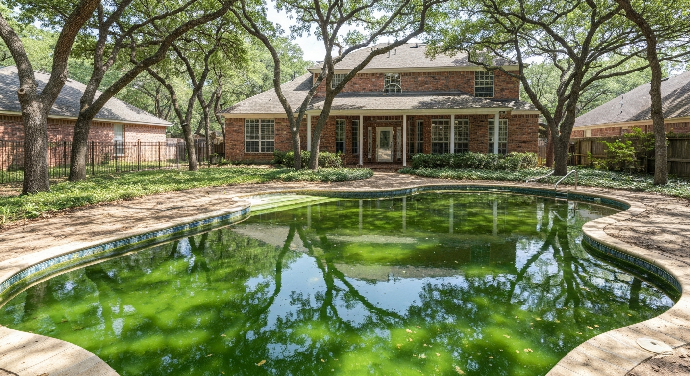 Before: Green algae-filled pool in North Texas