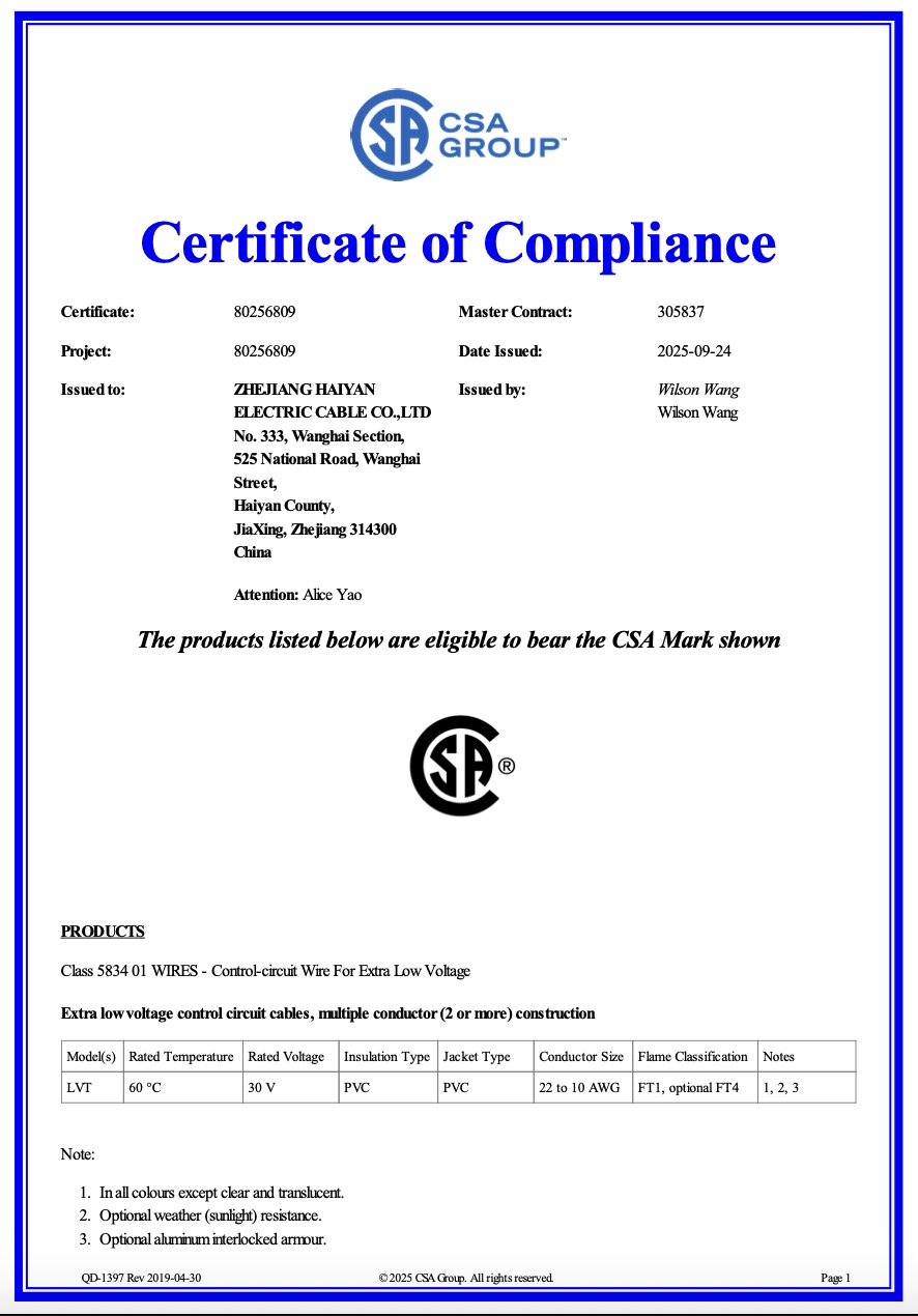 CSA Certificate - Class 5834 Control-circuit Wire