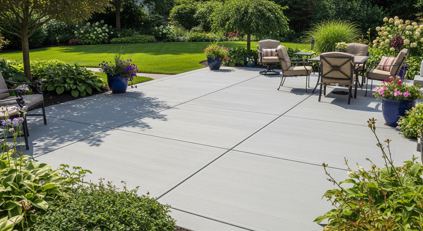 Standard smooth concrete patio in backyard