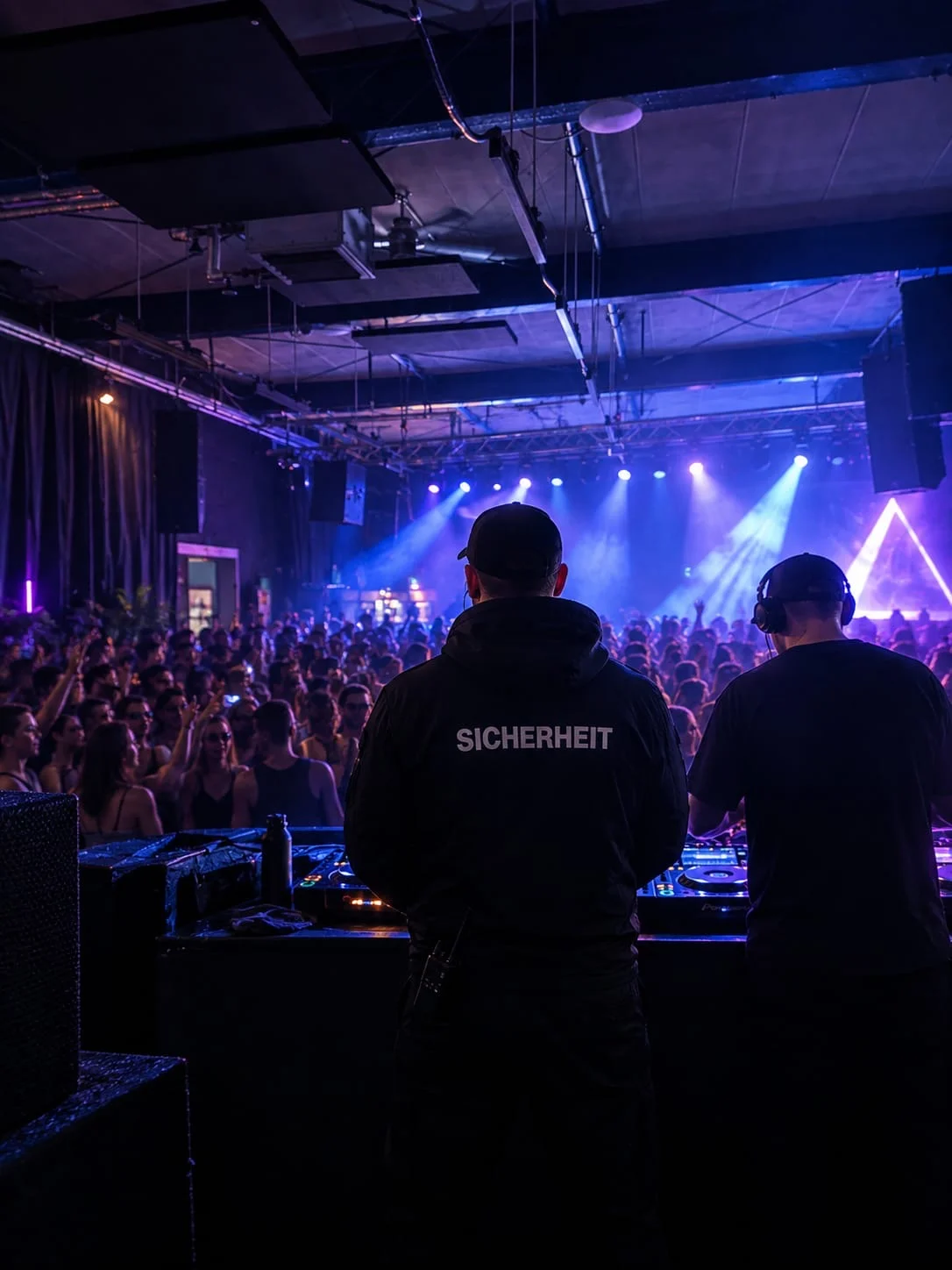 TRIVIUM Veranstaltungsschutz bei einem Konzert: Zwei Sicherheitsmitarbeiter mit SICHERHEIT-Beschriftung auf dem Rücken überwachen ein Event vor einer beleuchteten Bühne mit blauem Licht und Publikum