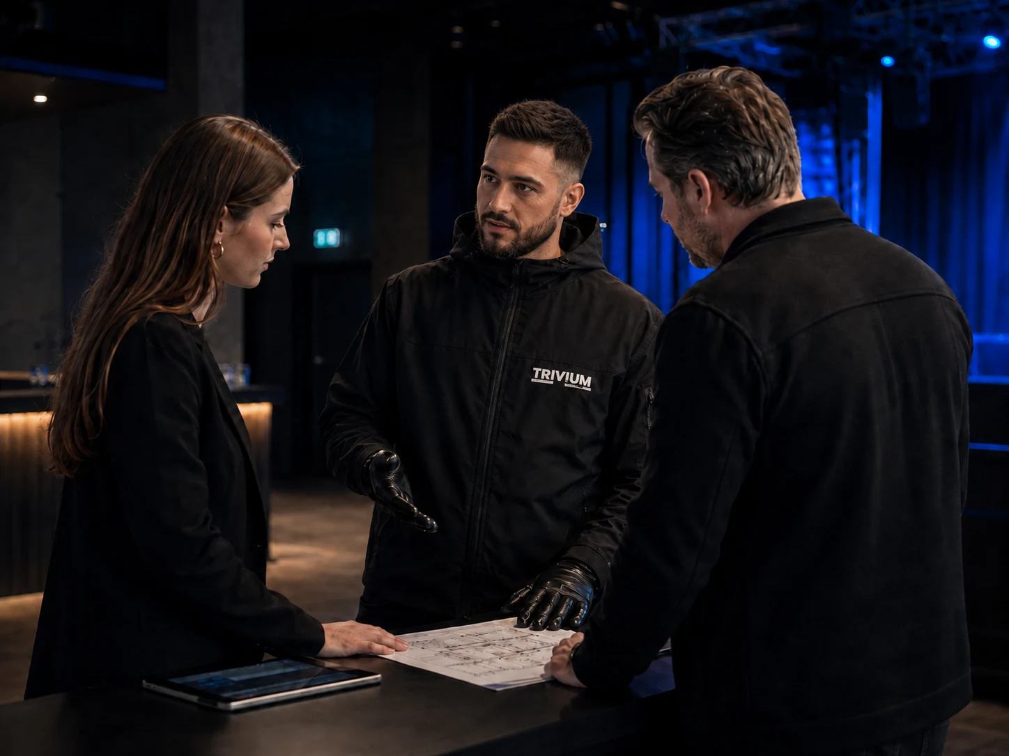 TRIVIUM Team in professioneller Sicherheitsberatung: Drei Personen besprechen Einsatzpläne und Sicherheitskonzepte am Tisch, ein Mitarbeiter trägt die schwarze TRIVIUM-Dienstjacke mit Logo