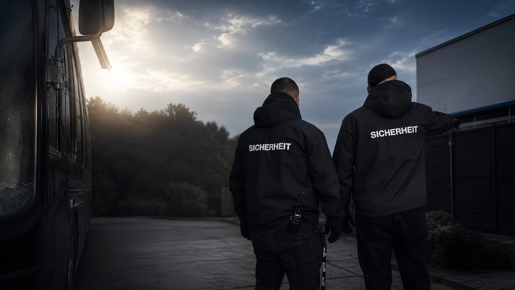 Zwei TRIVIUM Sicherheitsmitarbeiter mit SICHERHEIT-Rückenbeschriftung im Objekteinsatz bei Abendlicht