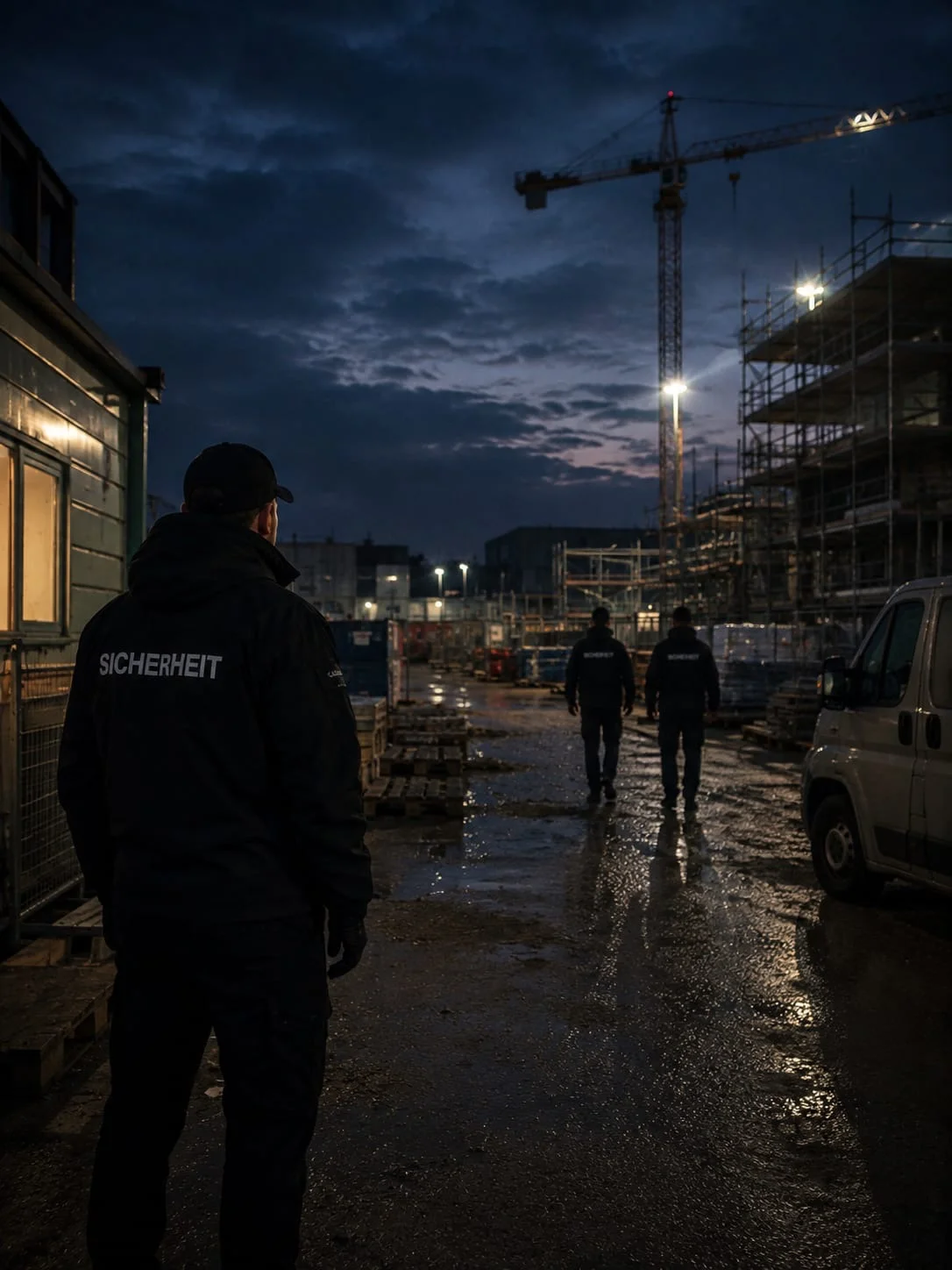 TRIVIUM Baustellenbewachung bei Nacht: Drei Sicherheitsmitarbeiter mit SICHERHEIT-Beschriftung auf dem Rücken kontrollieren eine beleuchtete Baustelle mit Kran und Gerüst im Abendlicht