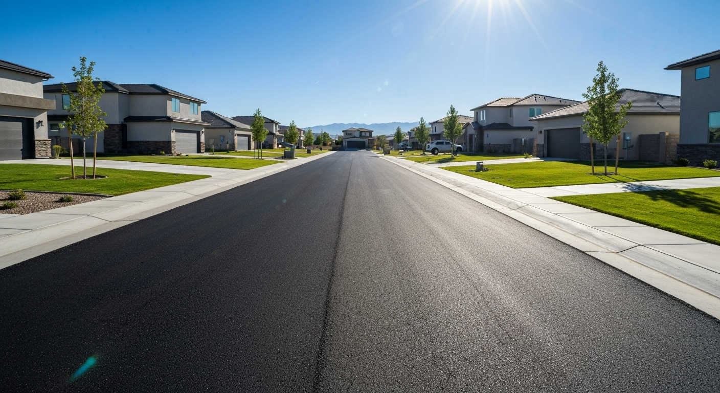 Freshly paved asphalt road in a residential neighborhood