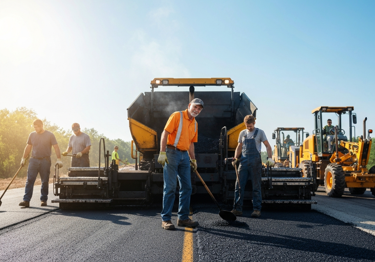 Professional asphalt paving crew working on a road