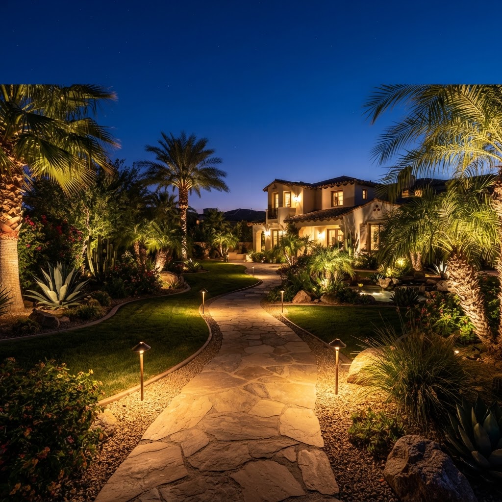 Beautiful illuminated landscape garden with warm pathway lights, glowing trees and lush greenery at night