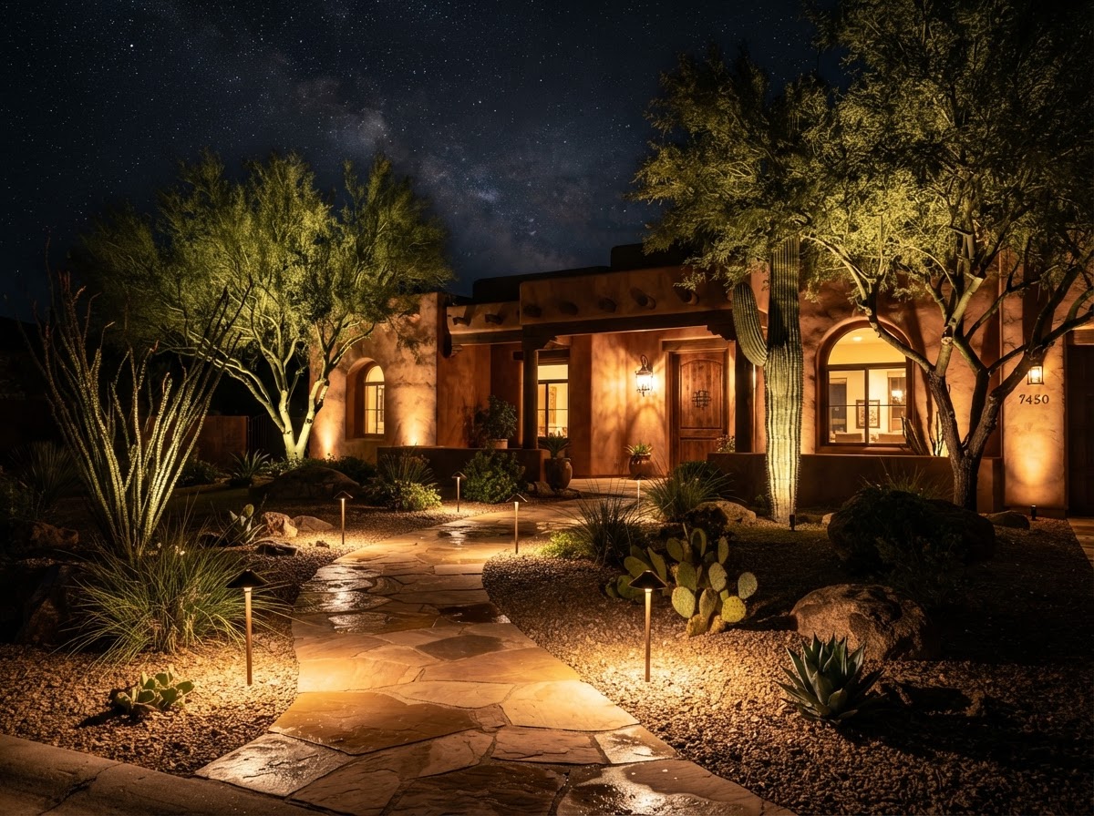 Professional landscape lighting illuminating a desert Southwest home at night