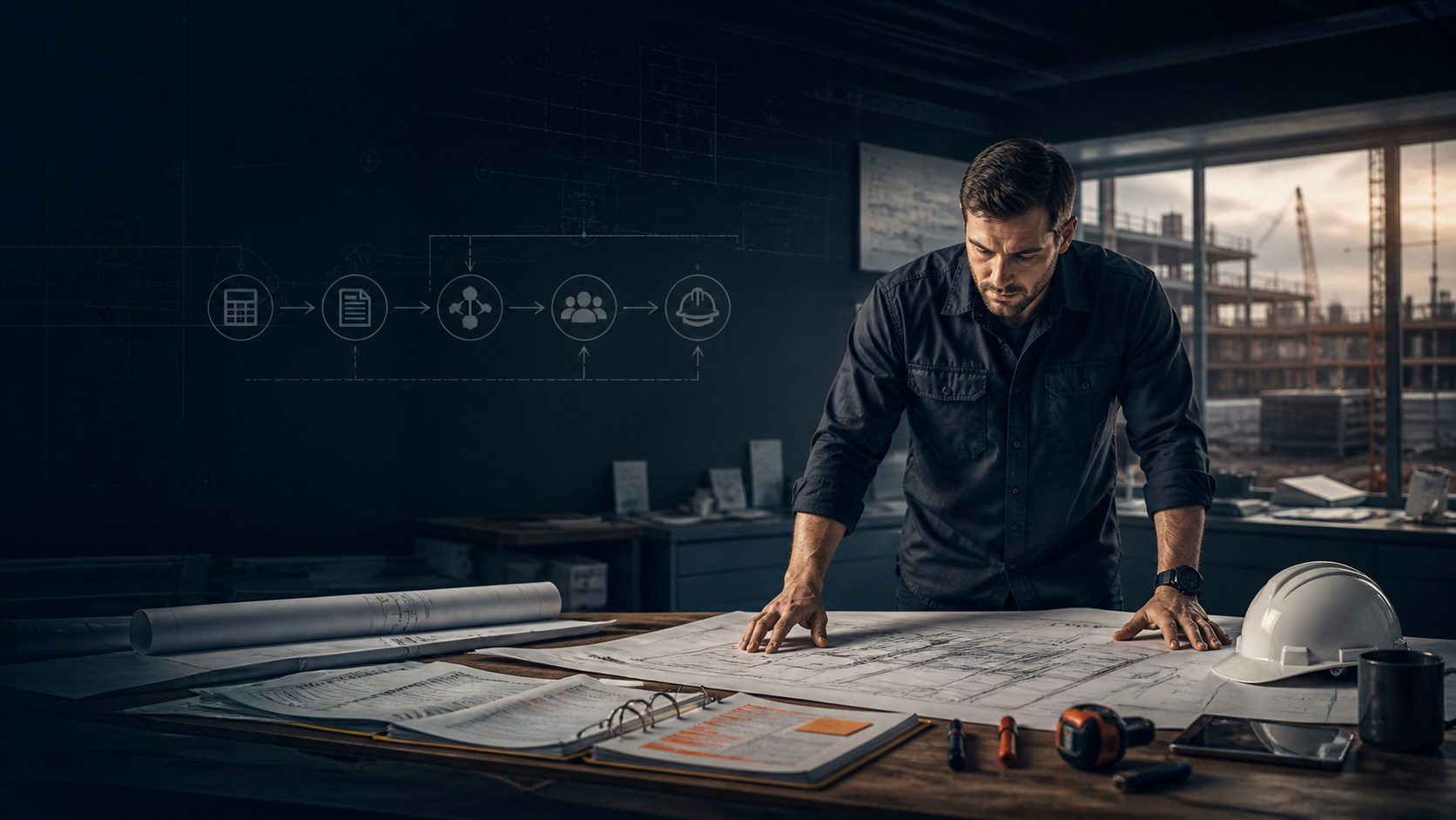 Contractor business owner reviewing blueprints and operating flow diagrams that represent business clarity, margin protection, and production control.