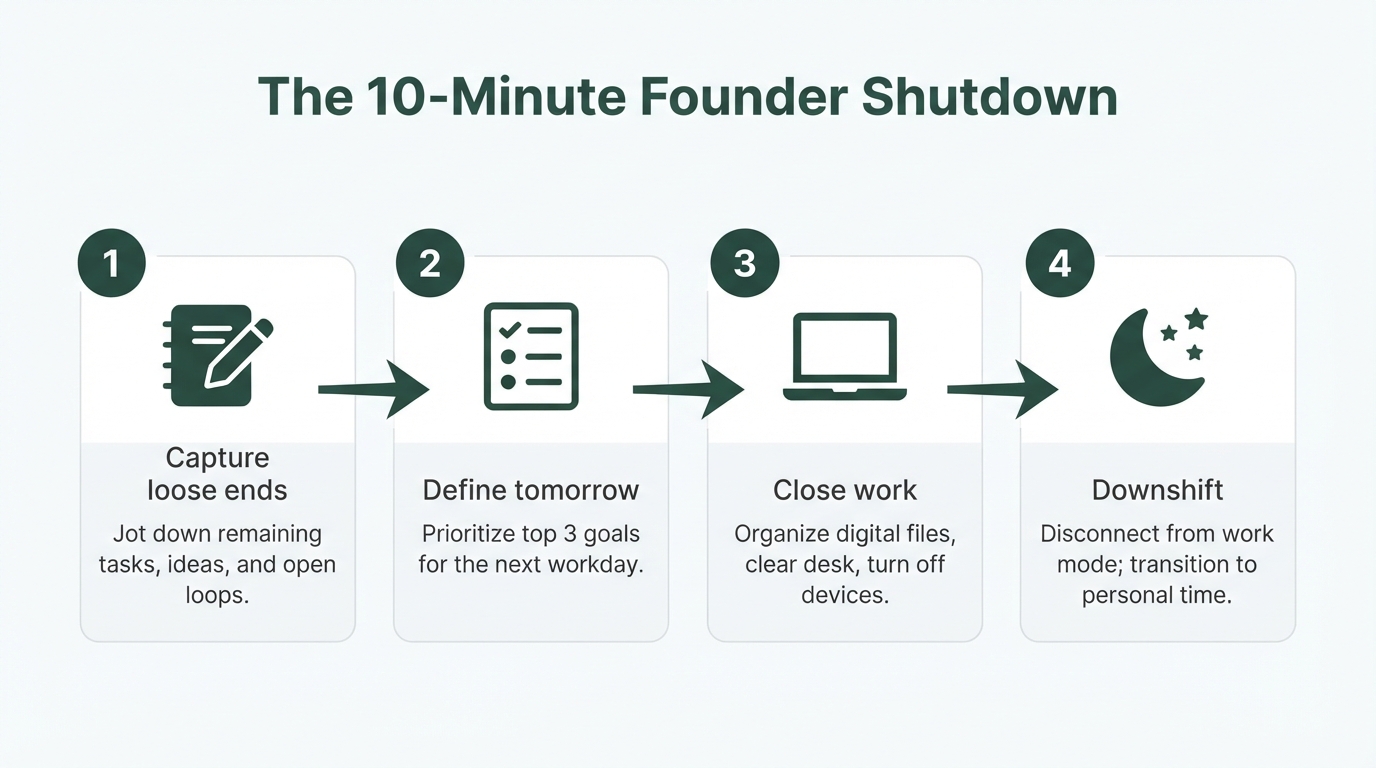 The 10-Minute Founder Shutdown - capture loose ends, define tomorrow, close work, downshift