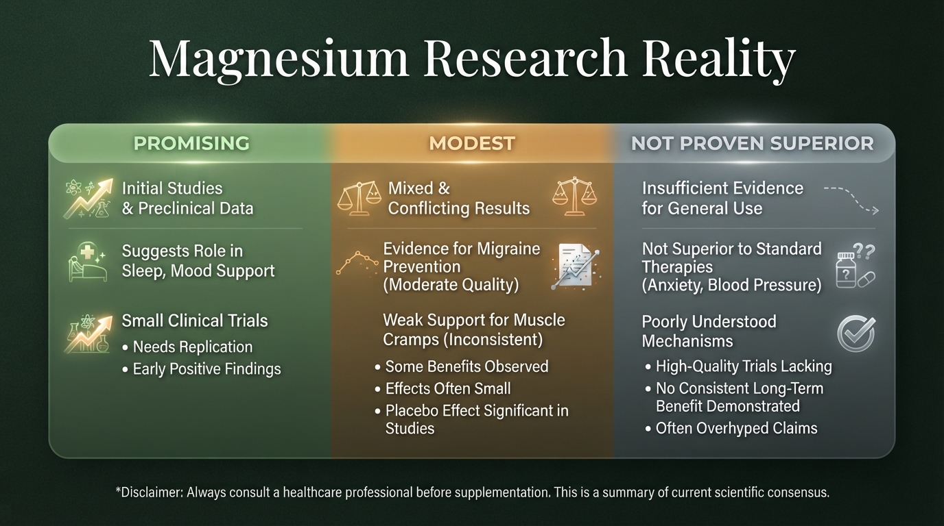 Magnesium research reality spectrum from promising to modest to not proven superior