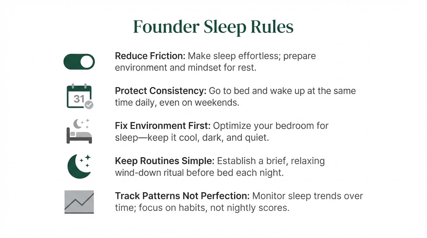 Founder Sleep Rules - reduce friction, protect consistency, fix environment first, keep routines simple, track patterns not perfection