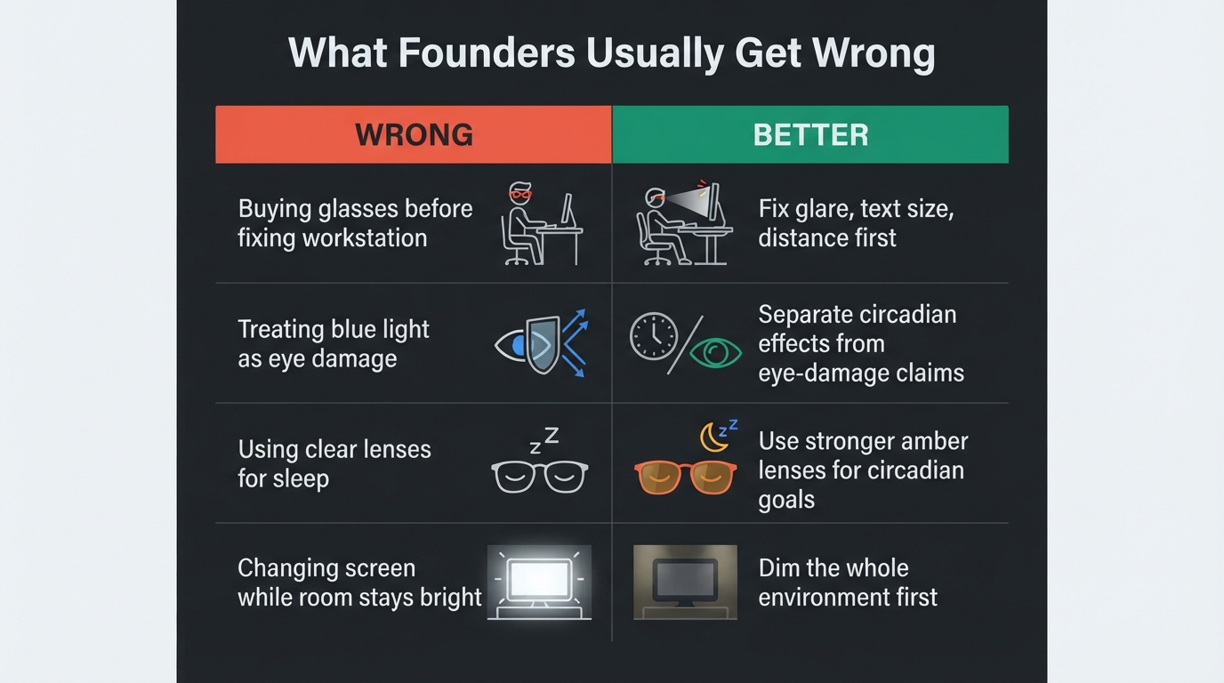 What founders get wrong about blue light glasses - wrong vs better thinking