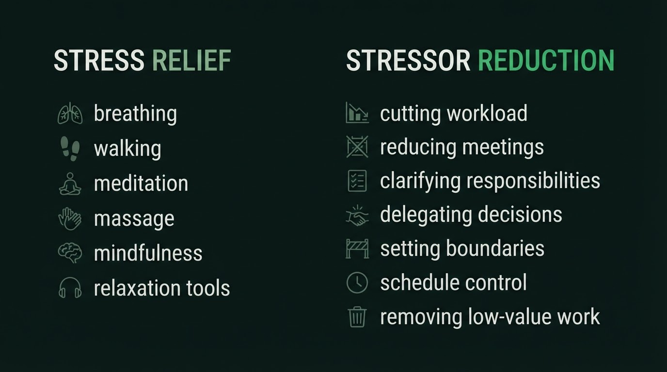 Stress relief vs stressor reduction: two different categories of stress intervention for founders