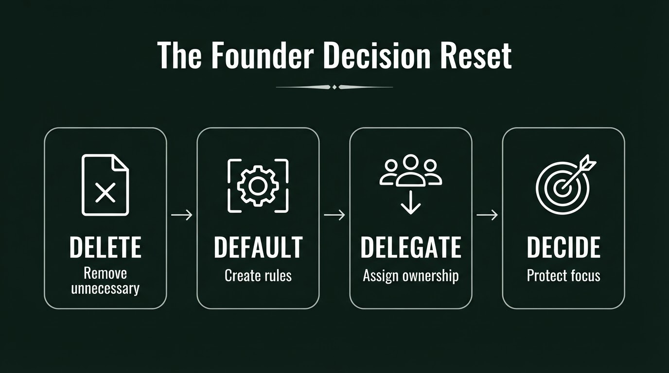 The founder decision reset - delete, default, delegate, decide
