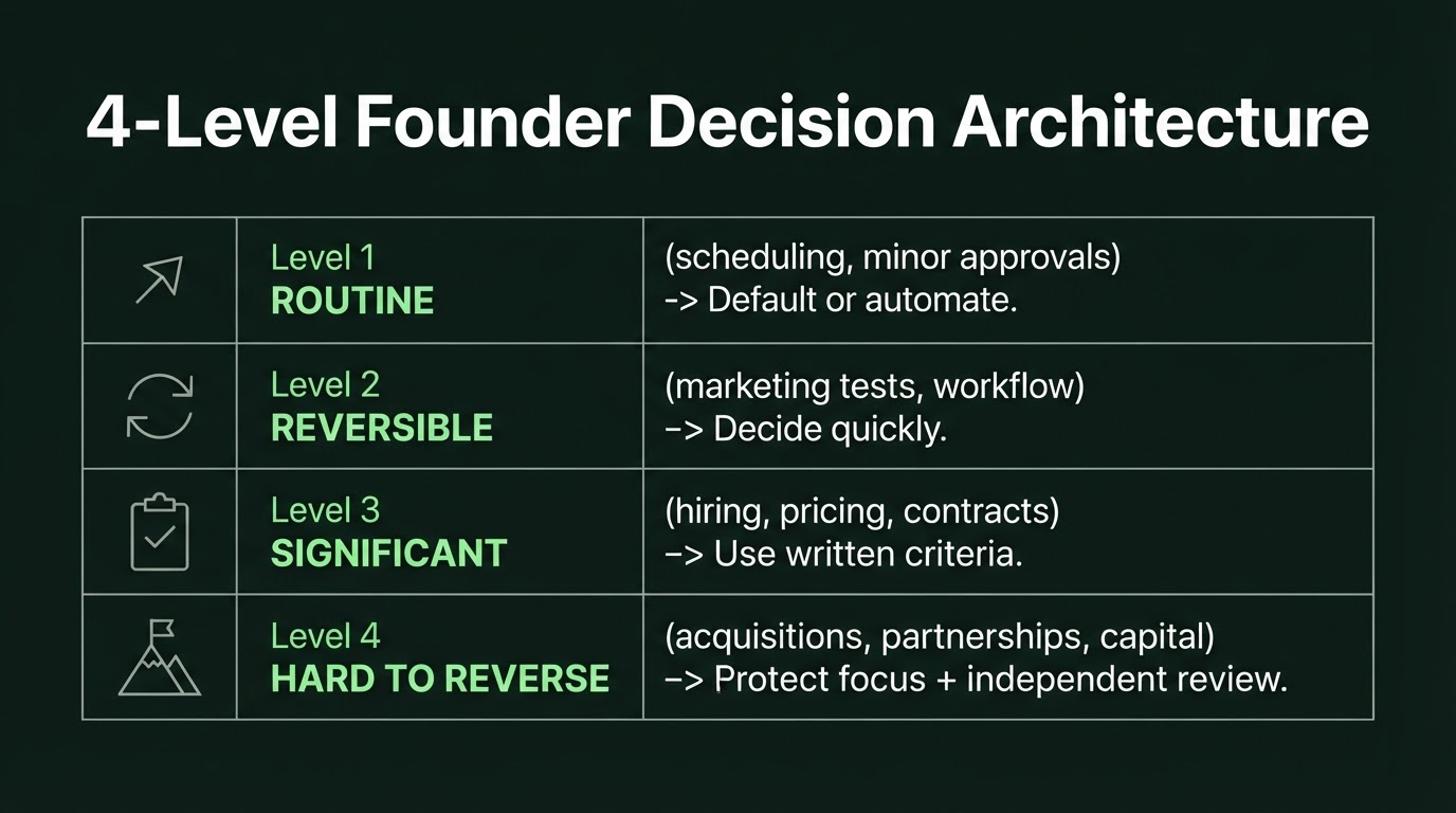 4-level founder decision architecture - routine, reversible, significant, hard to reverse