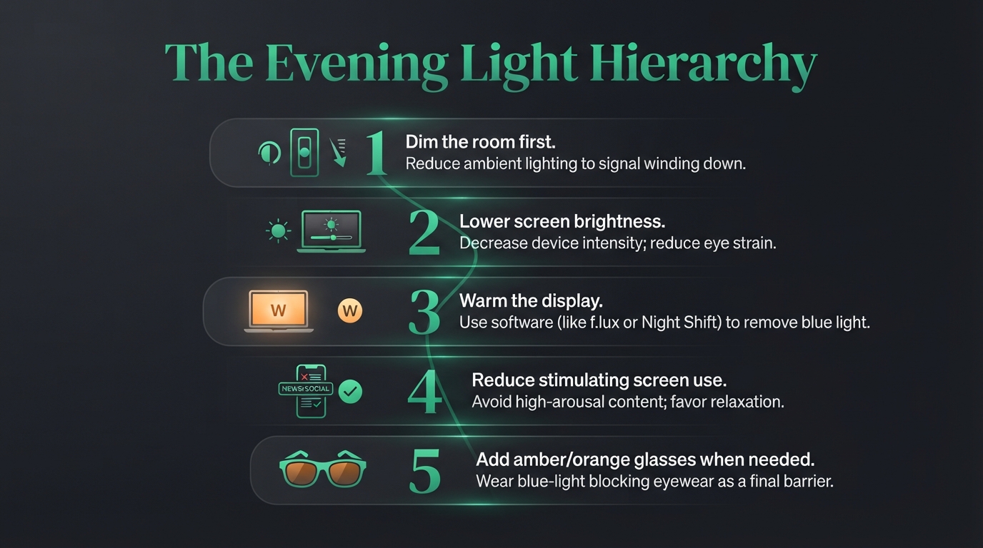 Evening light hierarchy: dim room, lower brightness, warm screen, reduce stimulation, amber blockers