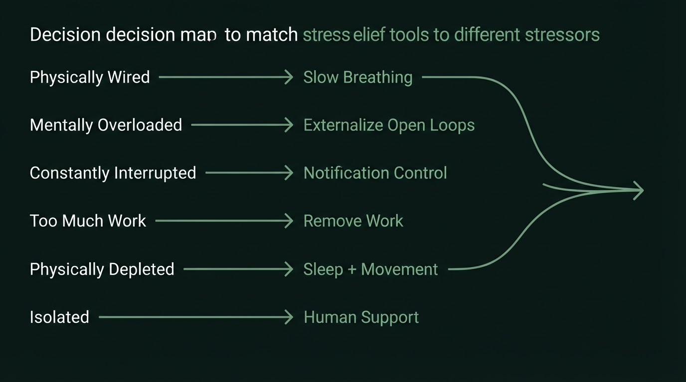 Decision map: match the stress relief tool to the stressor for founders