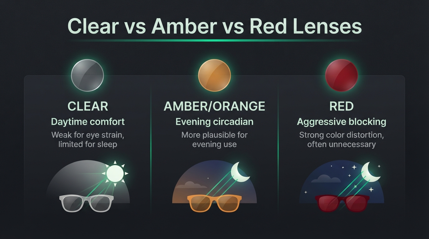 Clear vs amber vs red blue light glasses comparison for eye strain and sleep