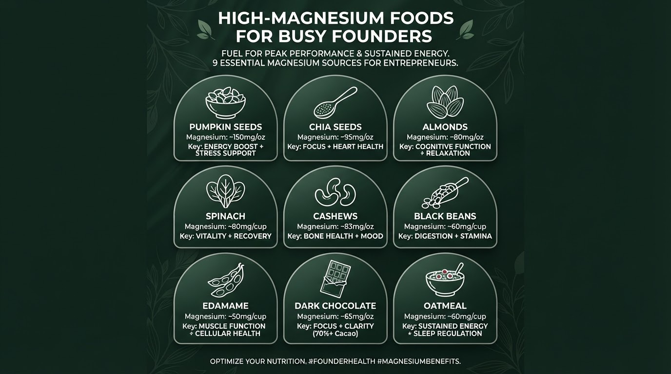 High-magnesium foods that fit a real workweek - pumpkin seeds, chia, almonds, spinach, cashews, black beans, edamame, dark chocolate, oatmeal