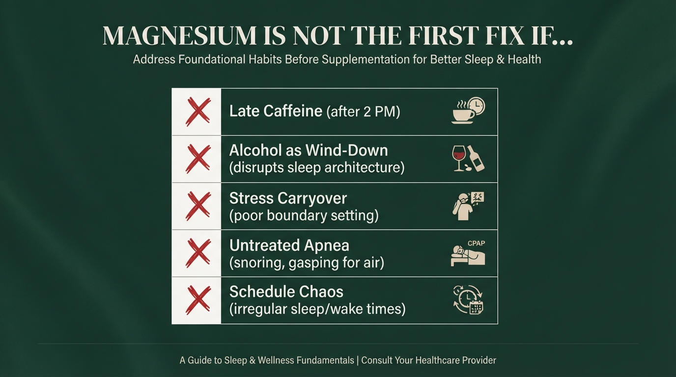 Magnesium is not the first fix if you have late caffeine, alcohol, stress carryover, apnea, or schedule chaos