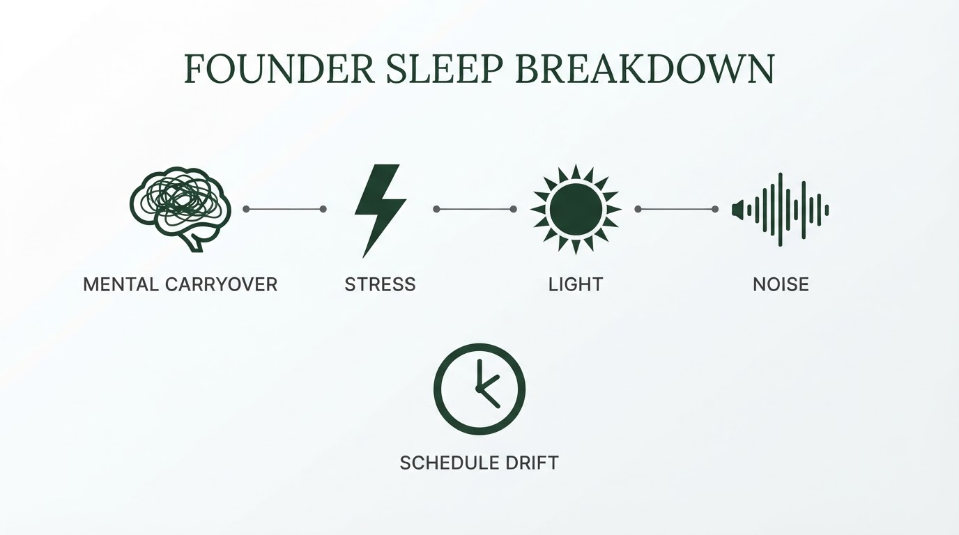 Founder Sleep Breakdown - mental carryover, stress, light, noise, schedule drift