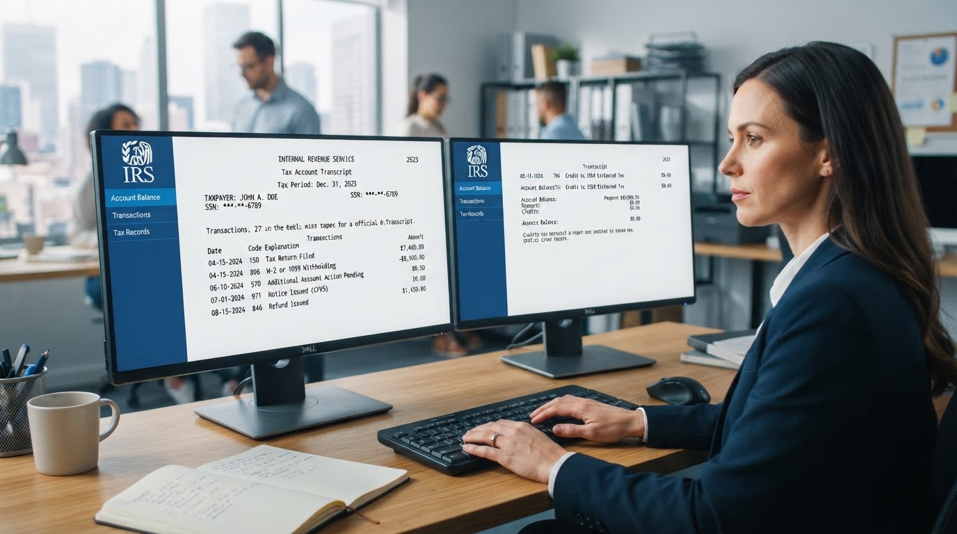 Official IRS account transcript transaction codes displayed on computer monitor in CPA office