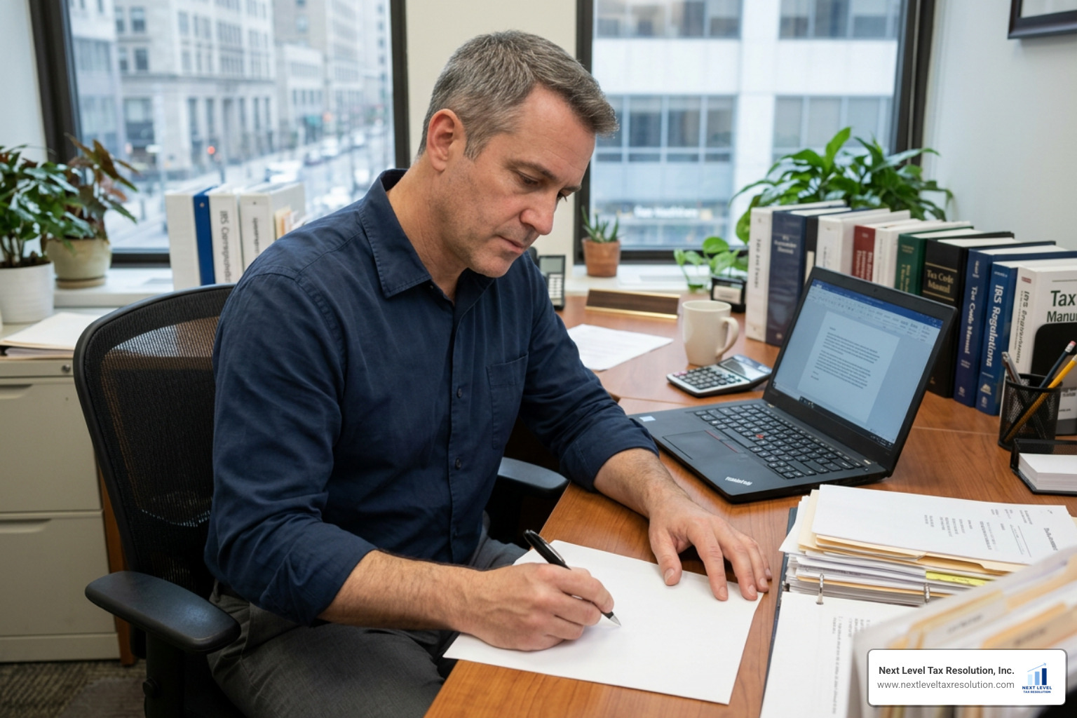 Tax professional drafting a formal IRS penalty abatement request letter