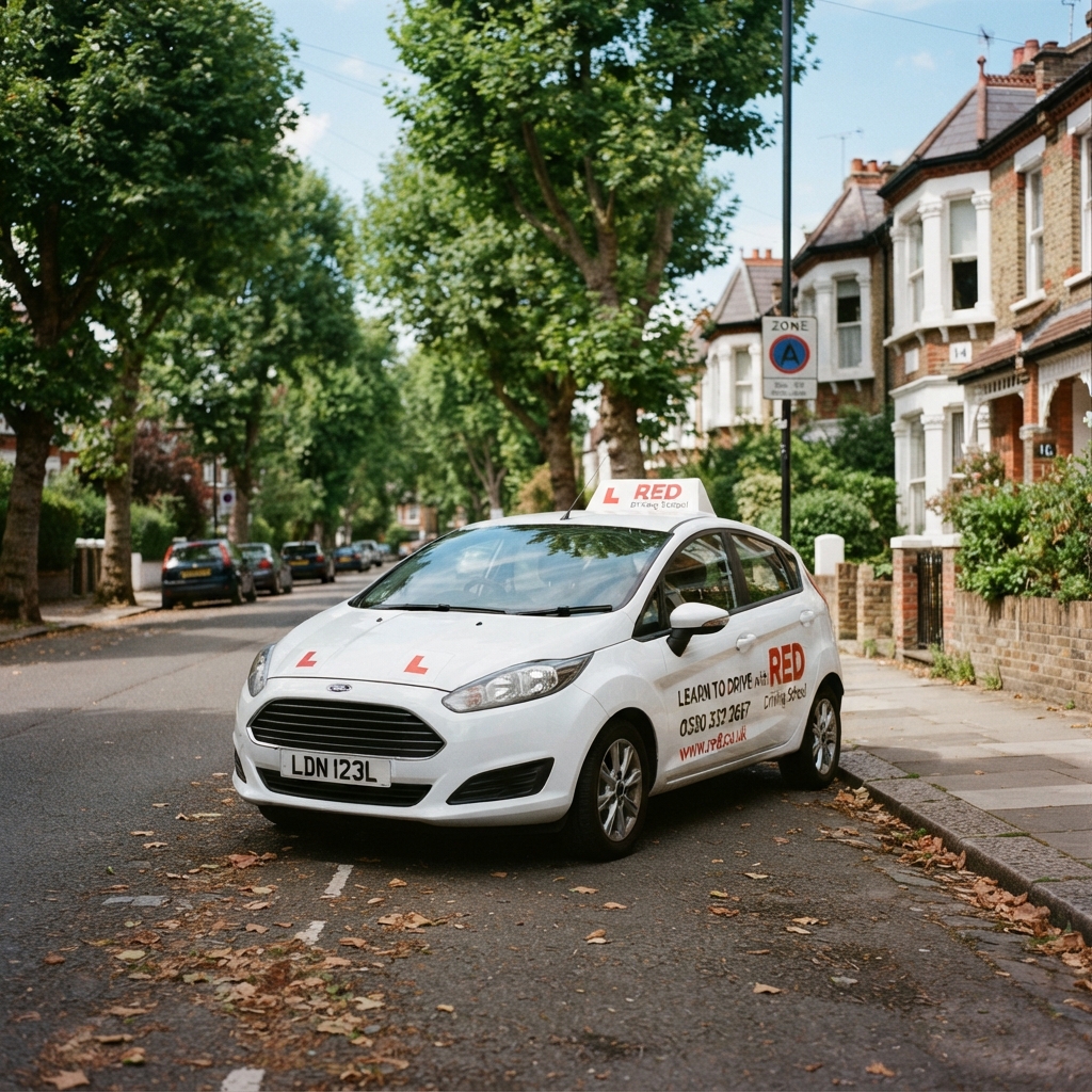 White driving school car with L plates on a London street