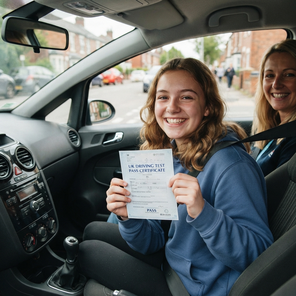 Student holding UK driving test pass certificate