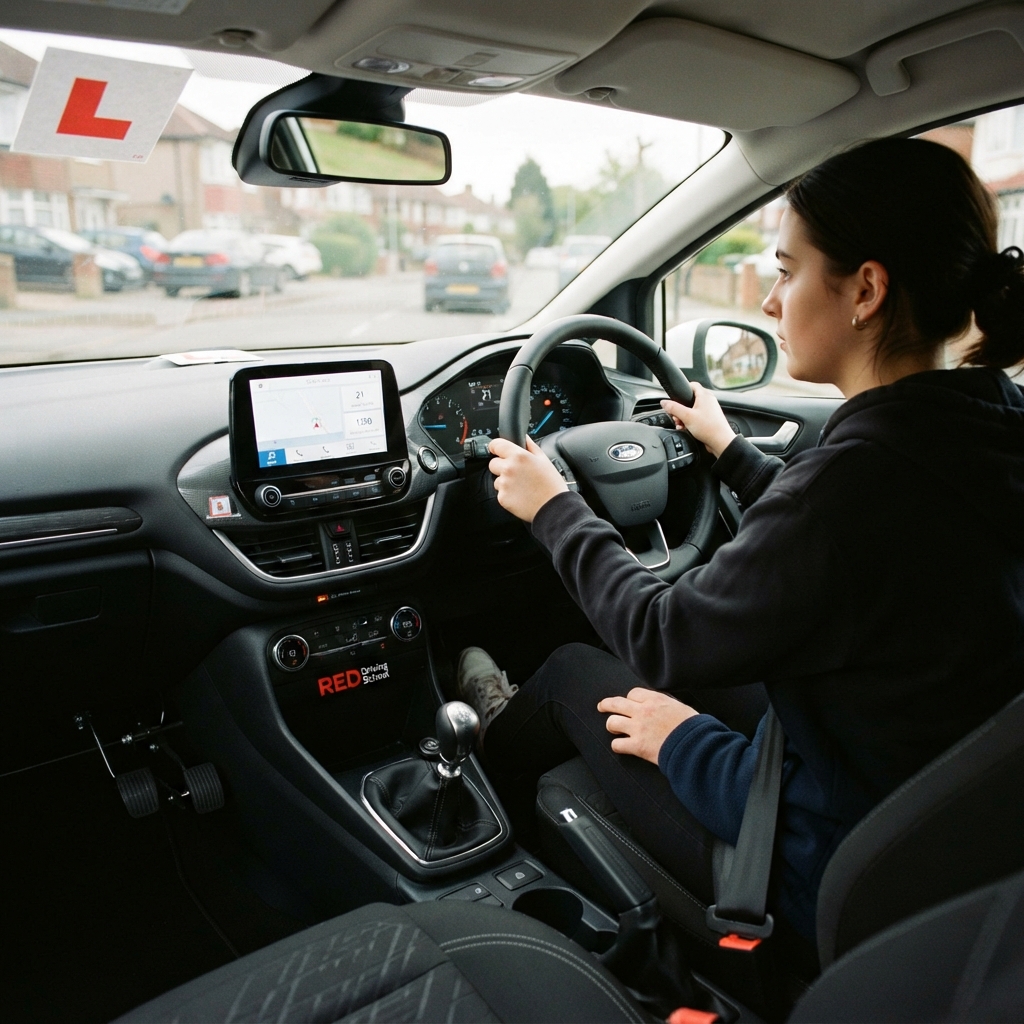 Interior of a right-hand drive driving school car with dual controls