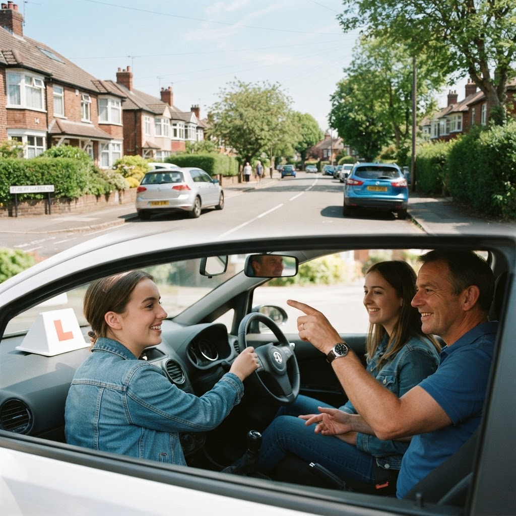 Driving instructor guiding a student on a quiet UK street