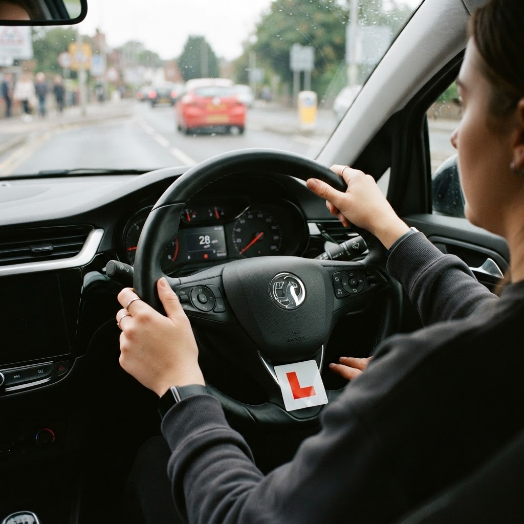 Close-up of hands on a steering wheel during a driving lesson