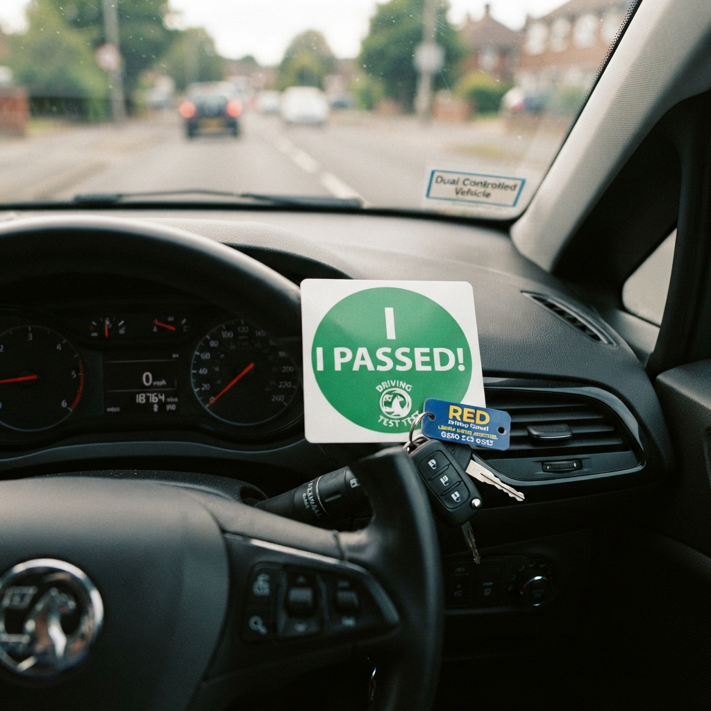 Driving test pass sign and car keys on a dashboard